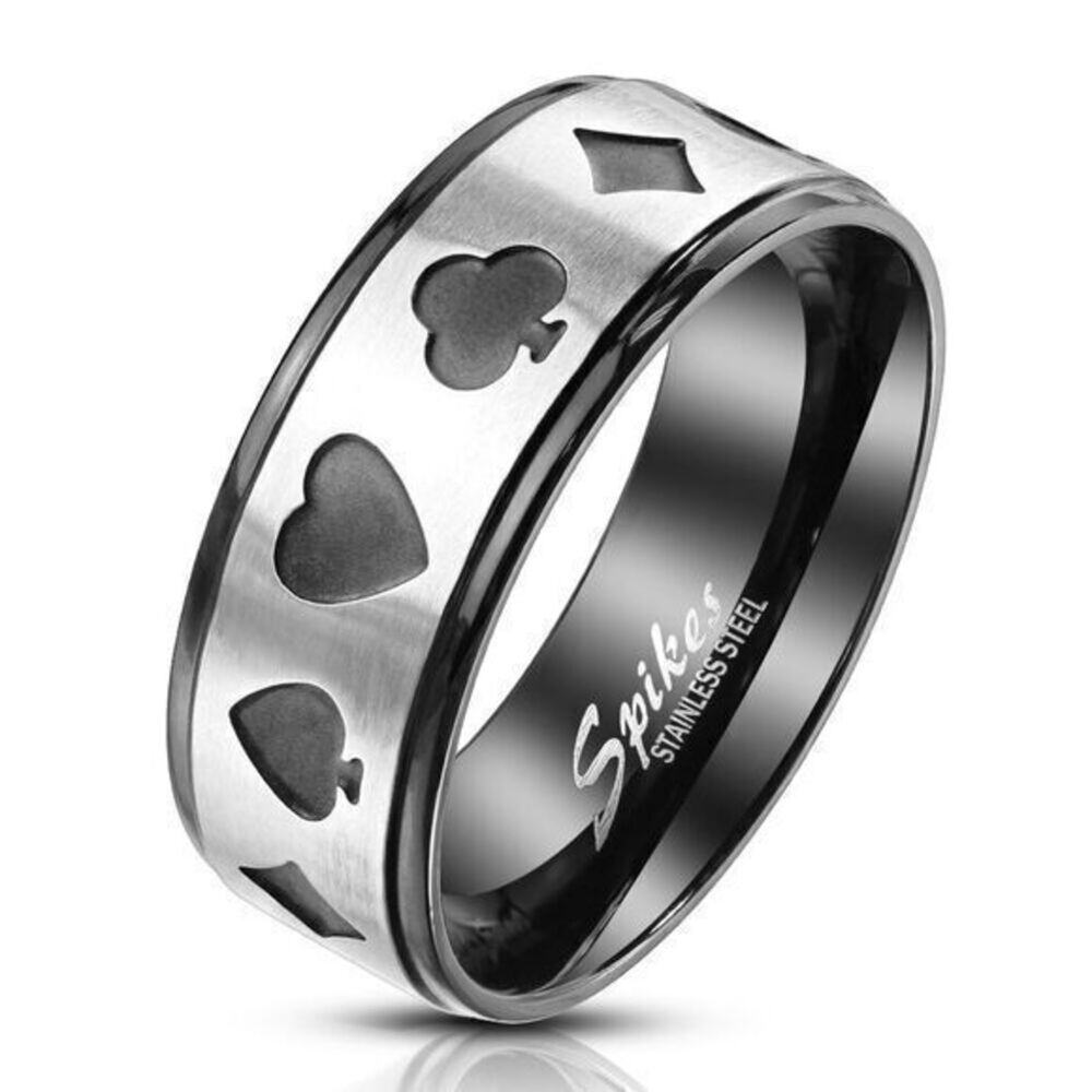 Poker Card Shape Cut Out Center Two Tone Black Stainless Steel Ring Size 12